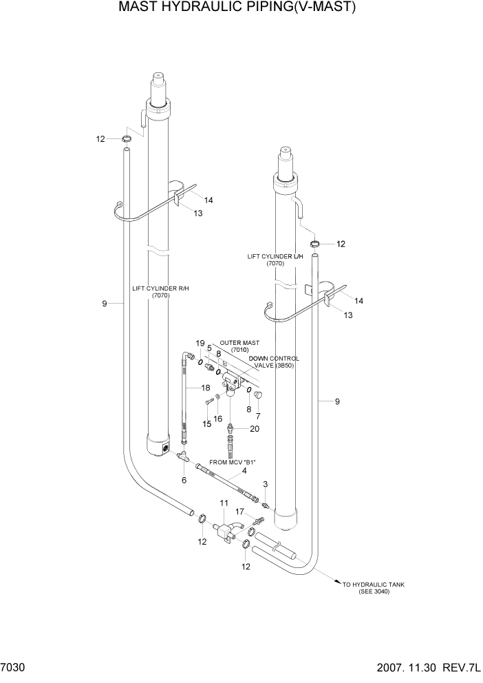 Схема запчастей Hyundai 80D-7 - PAGE 7030 MAST HYDRAULIC PIPING(V-MAST) РАБОЧЕЕ ОБОРУДОВАНИЕ