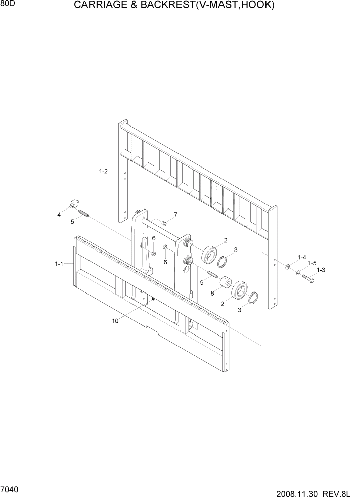 Схема запчастей Hyundai 80D-7 - PAGE 7040 CARRIAGE & BACKREST(V-MAST,HOOK) РАБОЧЕЕ ОБОРУДОВАНИЕ