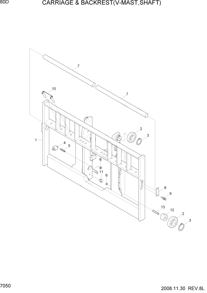 Схема запчастей Hyundai 80D-7 - PAGE 7050 CARRIAGE & BACKREST(V-MAST,SHAFT) РАБОЧЕЕ ОБОРУДОВАНИЕ