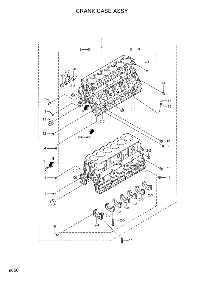 Схема запчастей Hyundai 80D-7 - PAGE 9050 CRANK CASE ASSY ДВИГАТЕЛЬ БАЗА