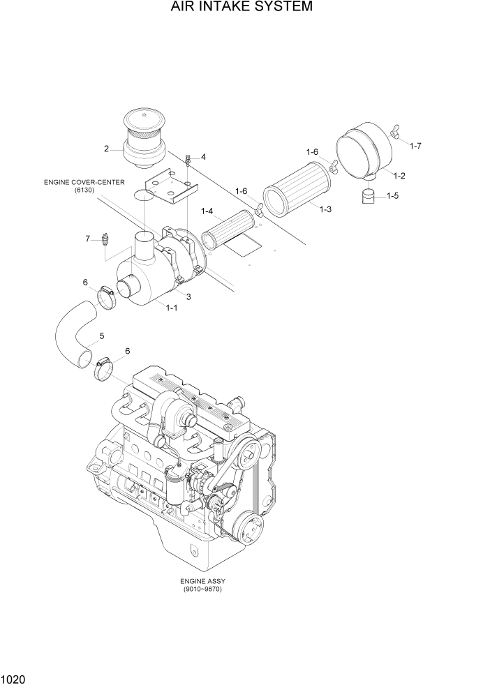 Схема запчастей Hyundai 100/120/130/160D-7 - PAGE 1020 AIR INTAKE SYSTEM СИСТЕМА ДВИГАТЕЛЯ