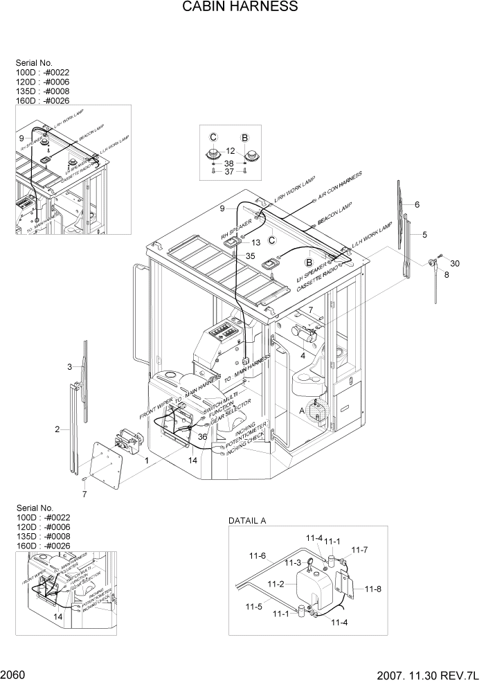 Схема запчастей Hyundai 100/120/130/160D-7 - PAGE 2060 CABIN HARNESS ЭЛЕКТРИЧЕСКАЯ СИСТЕМА