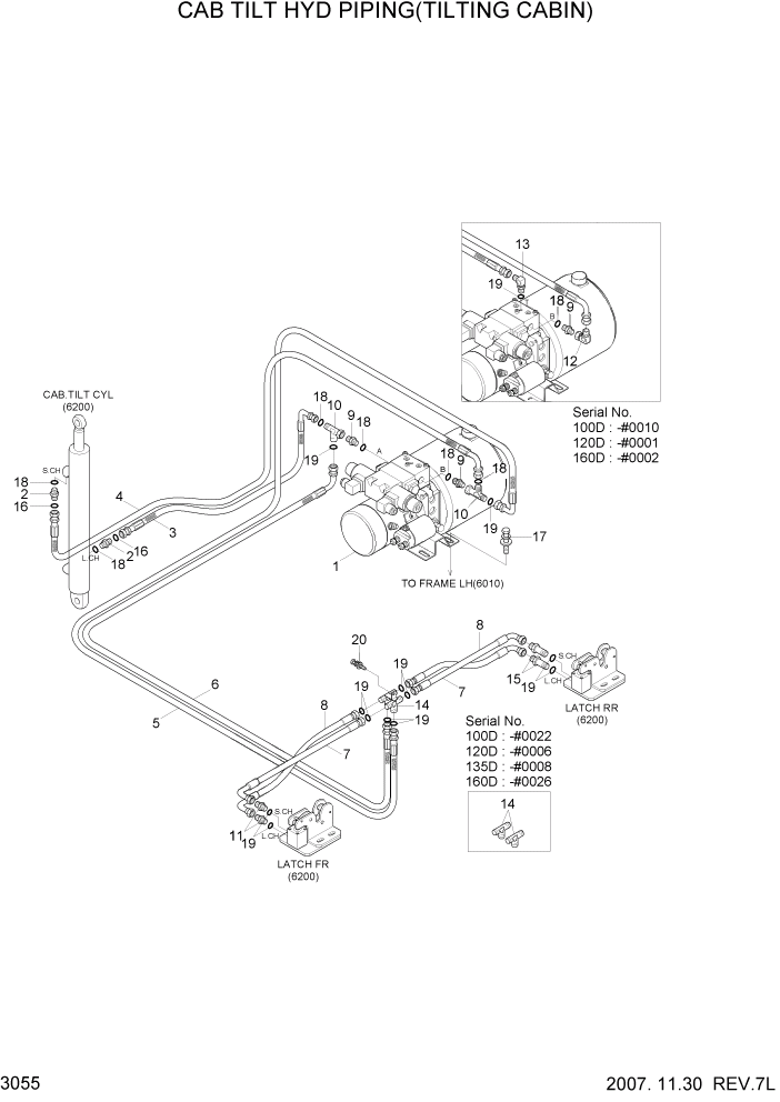 Схема запчастей Hyundai 100/120/130/160D-7 - PAGE 3055 CAB TILT HYD PIPING(TILTING CABIN) ГИДРАВЛИЧЕСКАЯ СИСТЕМА
