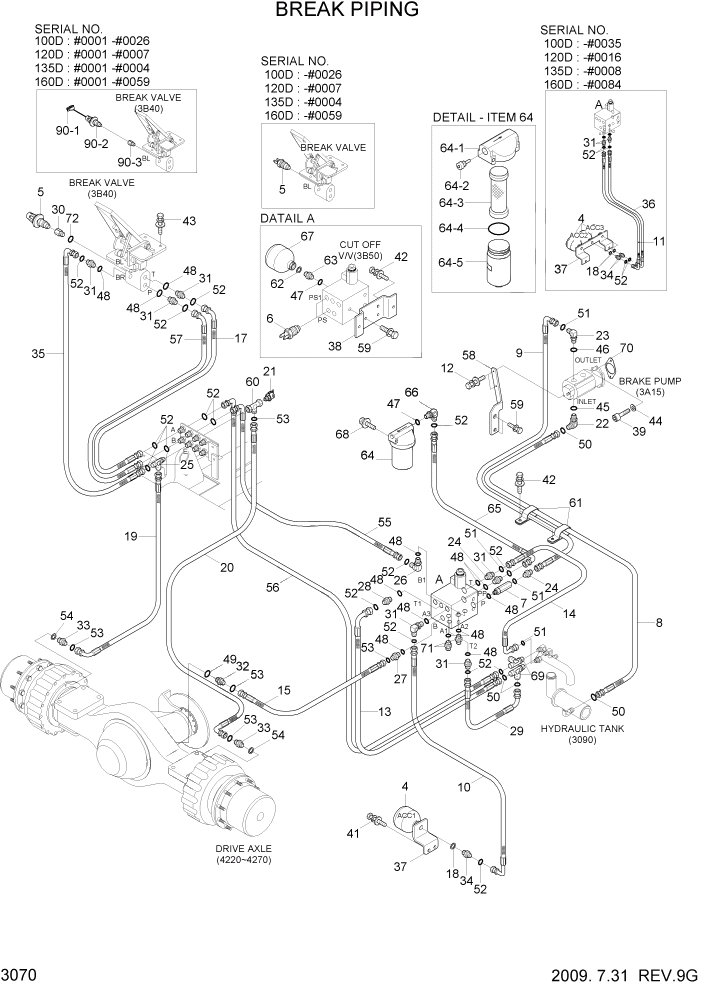 Схема запчастей Hyundai 100/120/130/160D-7 - PAGE 3070 BRAKE PIPING ГИДРАВЛИЧЕСКАЯ СИСТЕМА