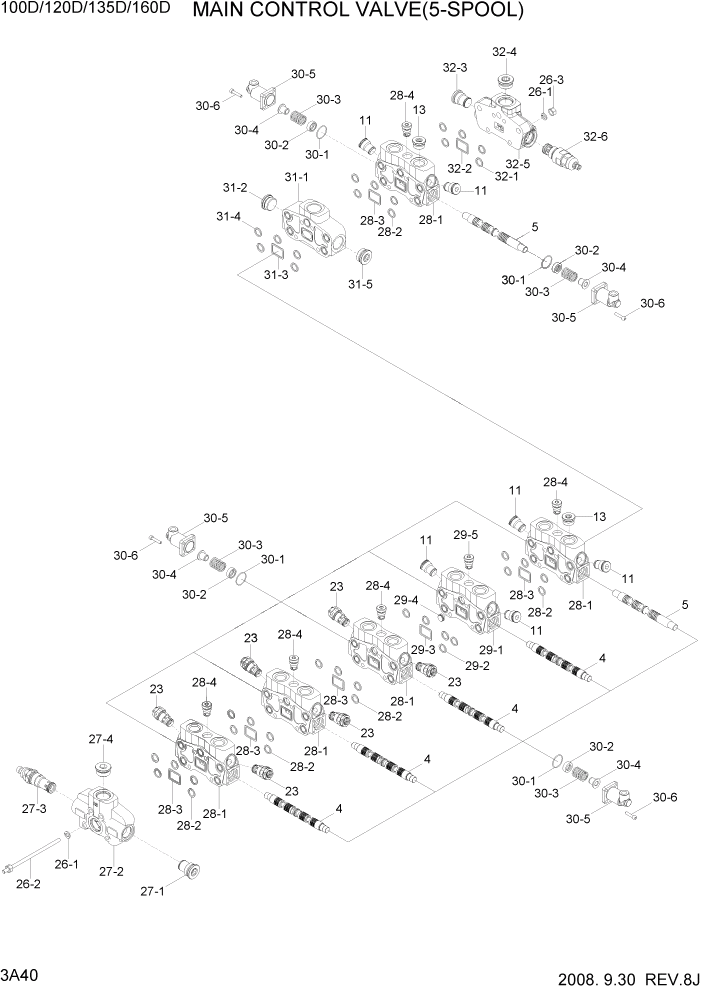 Схема запчастей Hyundai 100/120/130/160D-7 - PAGE 3A40 MAIN CONTROL VALVE(5-SPOOL) ГИДРАВЛИЧЕСКАЯ СИСТЕМА