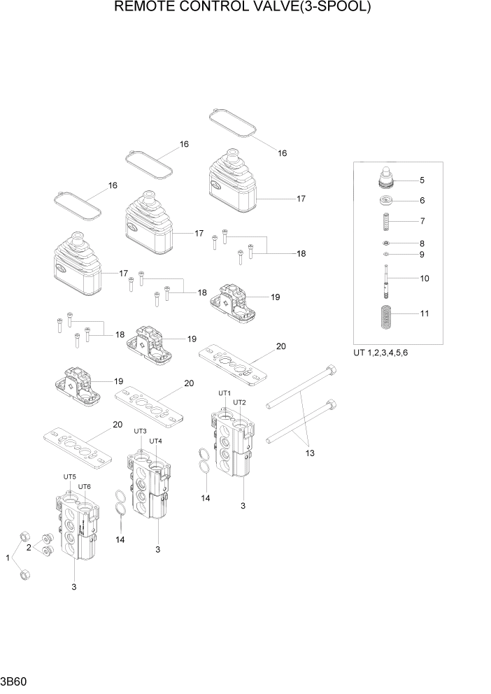 Схема запчастей Hyundai 100/120/130/160D-7 - PAGE 3B60 REMOTE CONTROL VALVE(3-SPOOL) ГИДРАВЛИЧЕСКАЯ СИСТЕМА