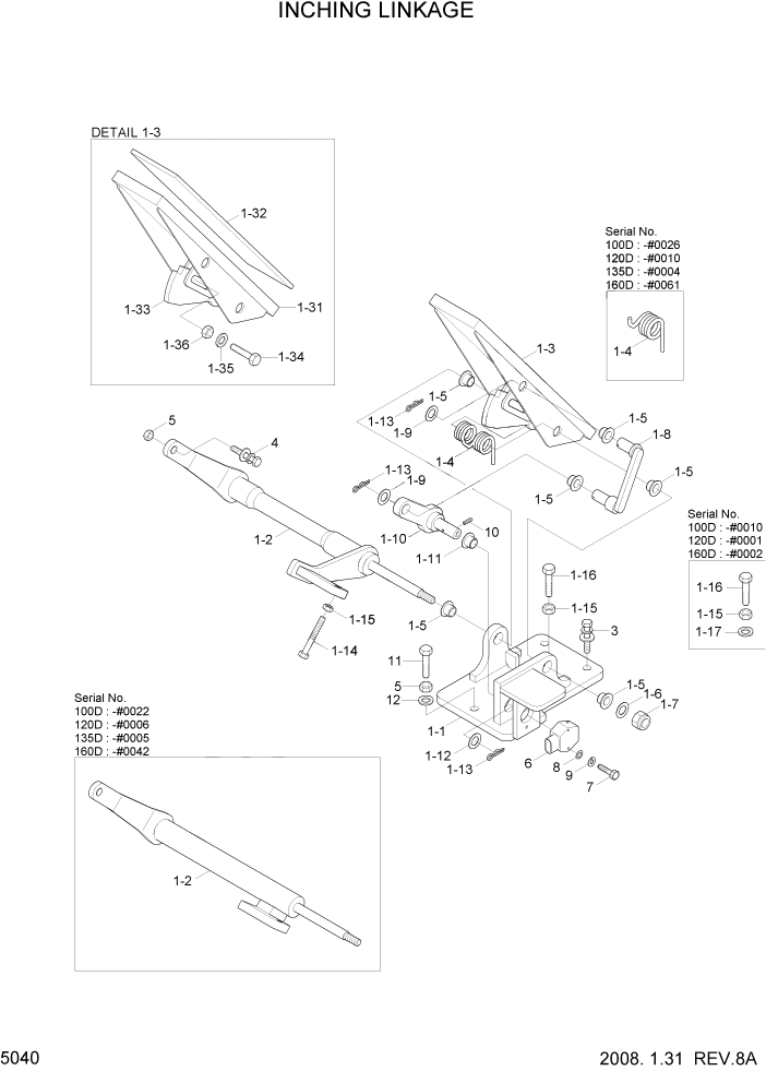 Схема запчастей Hyundai 100/120/130/160D-7 - PAGE 5040 INCHING LINKAGE СИСТЕМА УПРАВЛЕНИЯ