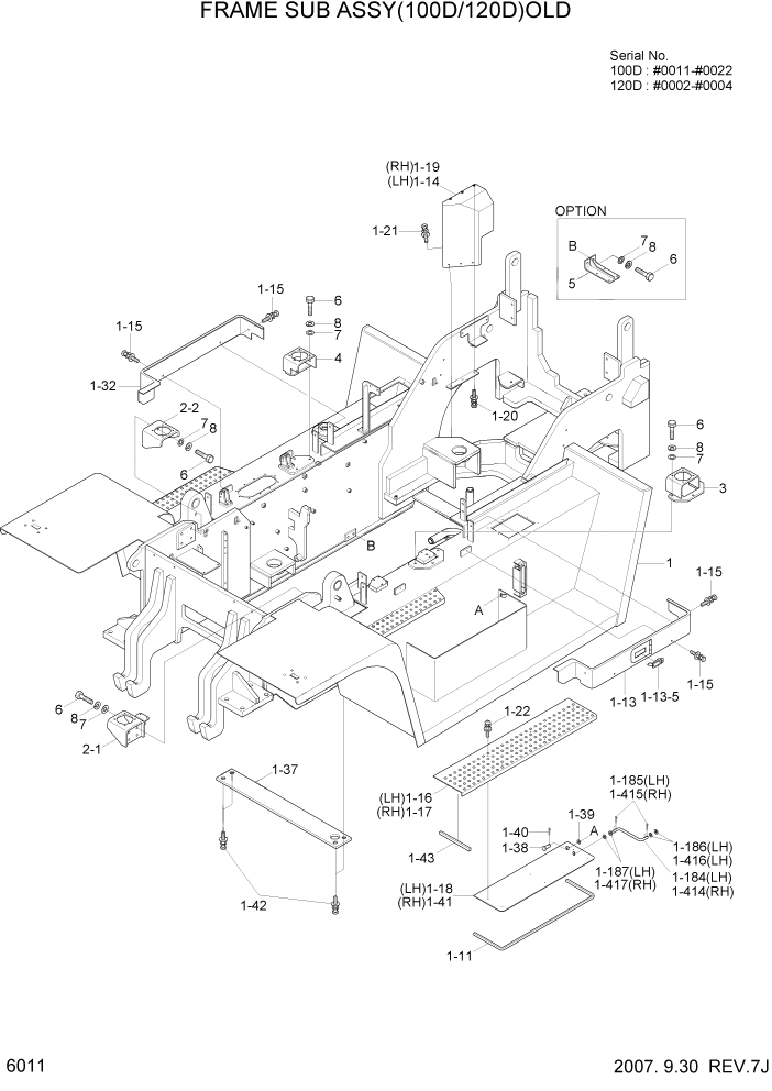Схема запчастей Hyundai 100/120/130/160D-7 - PAGE 6011 FRAME SUB ASSY(100D/120D)OLD СТРУКТУРА