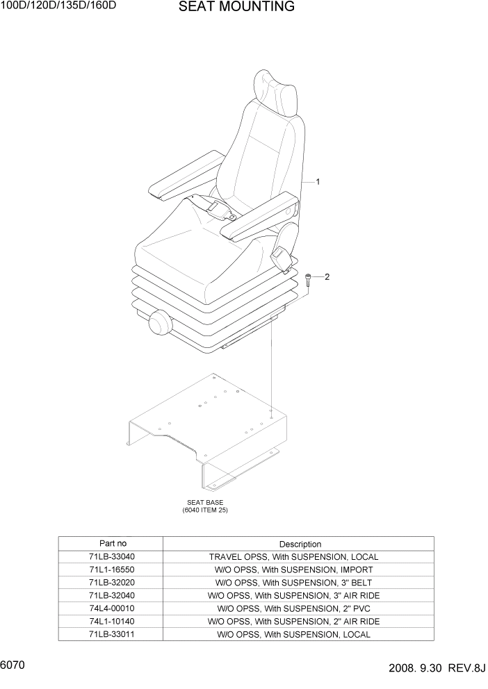 Схема запчастей Hyundai 100/120/130/160D-7 - PAGE 6070 SEAT MOUNTING СТРУКТУРА