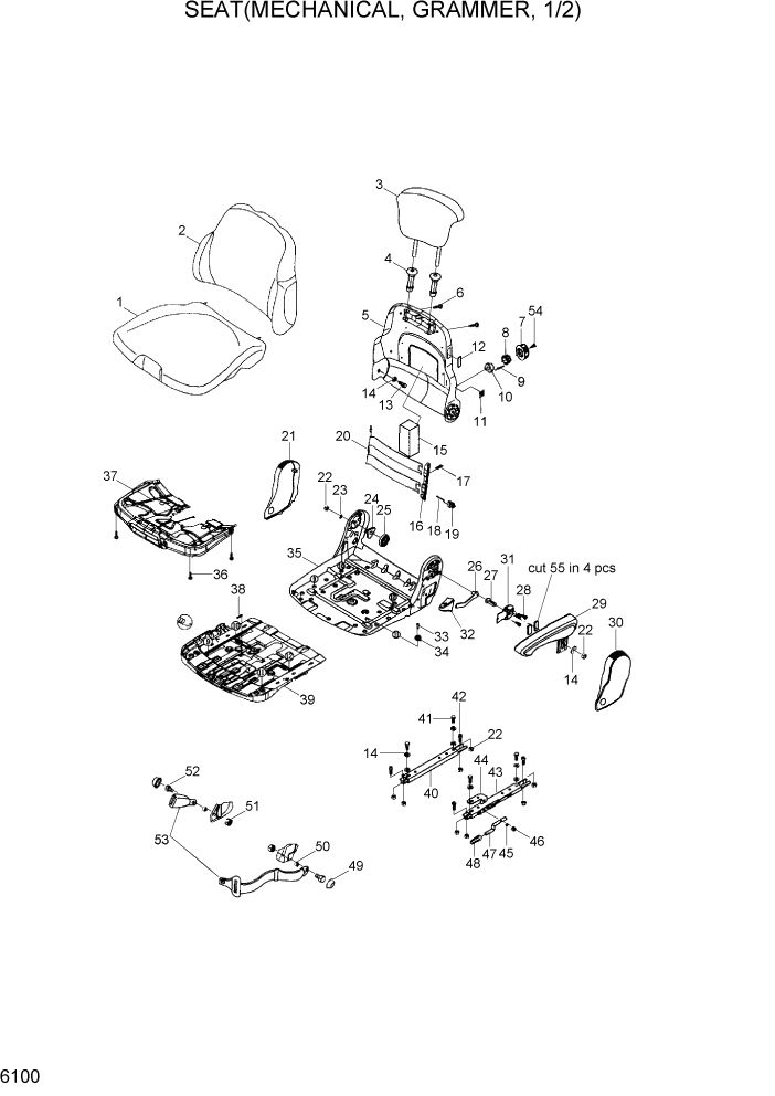 Схема запчастей Hyundai 100/120/130/160D-7 - PAGE 6100 SEAT(MECHANICAL, GRAMMER, 1/2) СТРУКТУРА