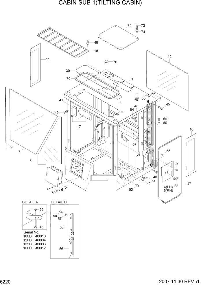 Схема запчастей Hyundai 100/120/130/160D-7 - PAGE 6220 CABIN SUB 1(TILTING CABIN) СТРУКТУРА