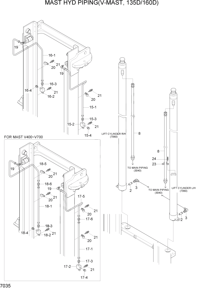 Схема запчастей Hyundai 100/120/130/160D-7 - PAGE 7035 MAST HYD PIPING(V-MAST, 135D/160D) РАБОЧЕЕ ОБОРУДОВАНИЕ