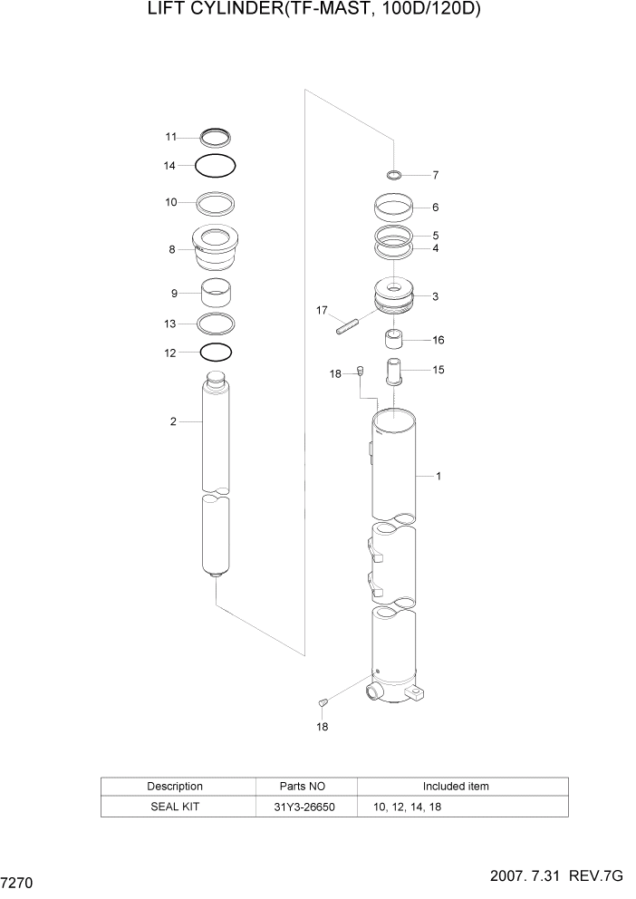 Схема запчастей Hyundai 100/120/130/160D-7 - PAGE 7270 LIFT CYLINDER(TF-MAST, 100D/120D) РАБОЧЕЕ ОБОРУДОВАНИЕ