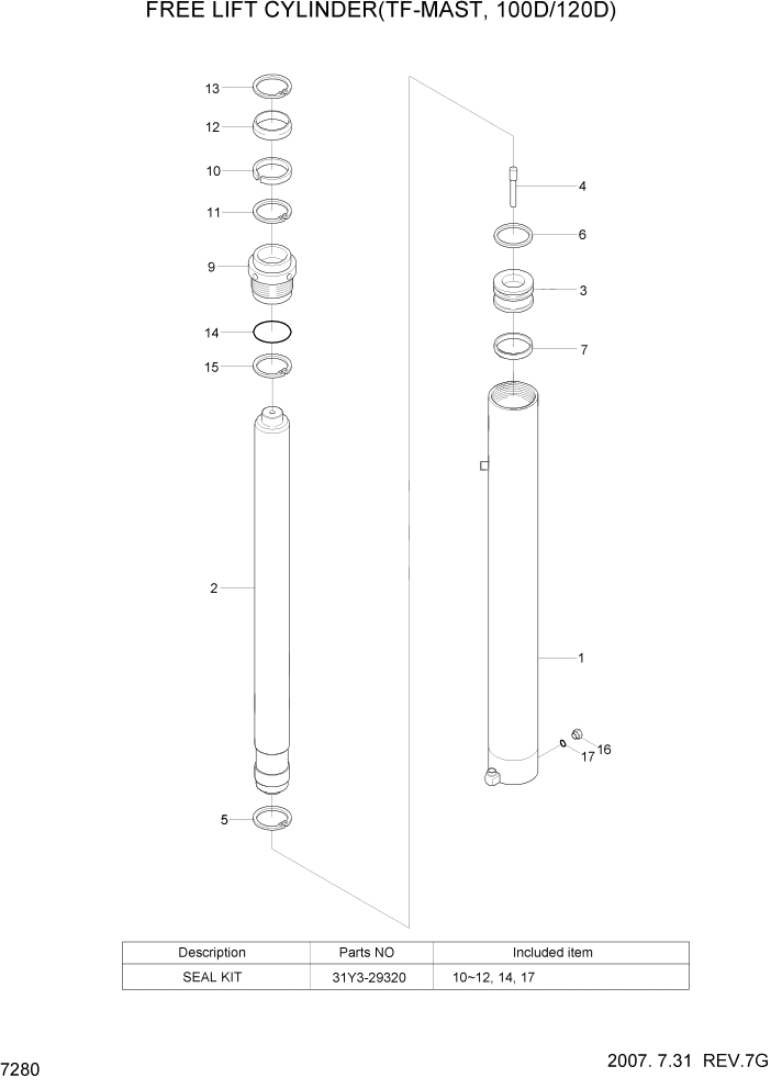 Схема запчастей Hyundai 100/120/130/160D-7 - PAGE 7280 FREE LIFT CYLINDER(TF-MAST, 100D/120D) РАБОЧЕЕ ОБОРУДОВАНИЕ