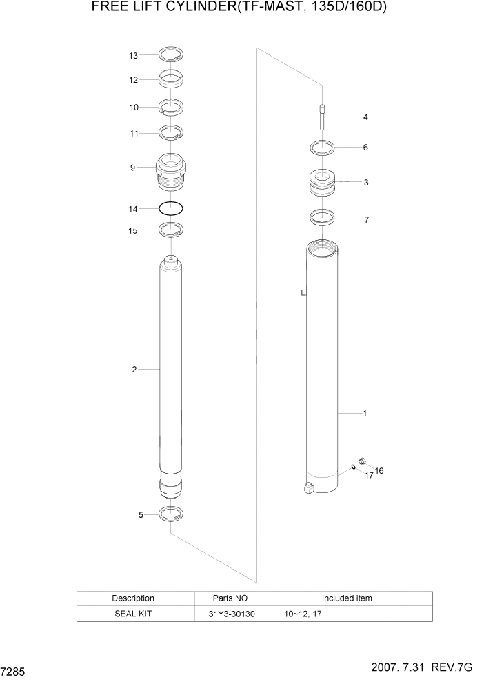 Схема запчастей Hyundai 100/120/130/160D-7 - PAGE 7285 FREE LIFT CYLINDER(TF-MAST, 135D/160D) РАБОЧЕЕ ОБОРУДОВАНИЕ