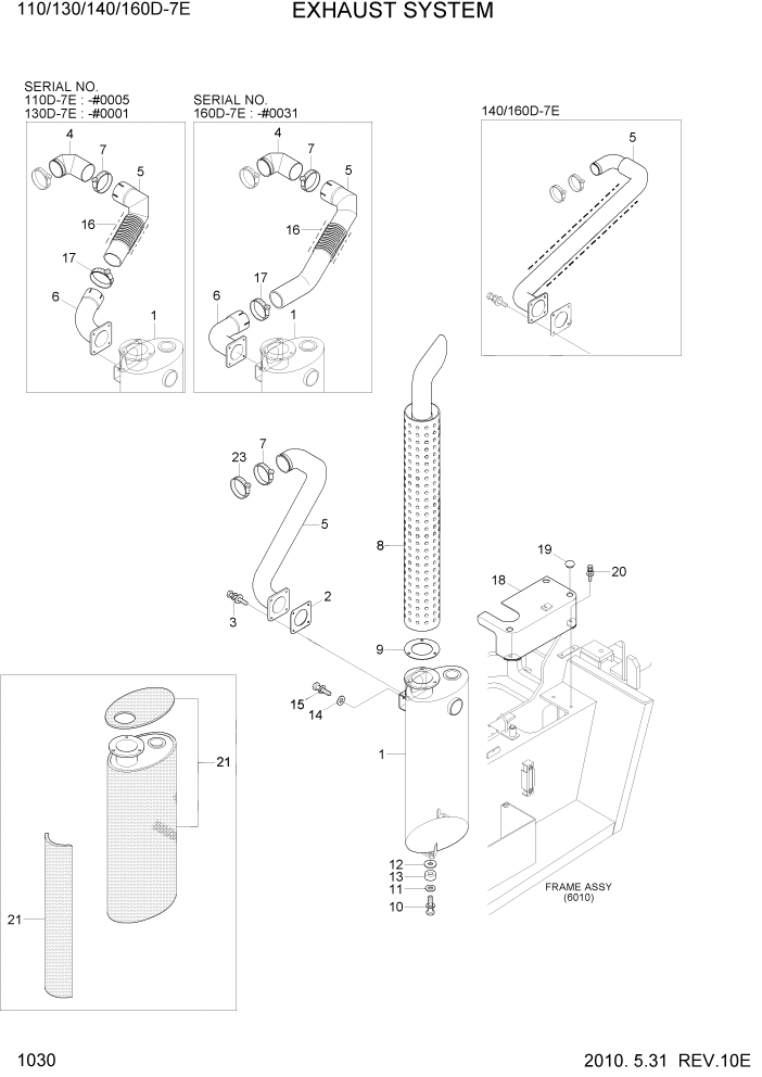 Схема запчастей Hyundai 110/130/140/160D-7E - PAGE 1030 EXHAUST SYSTEM СИСТЕМА ДВИГАТЕЛЯ