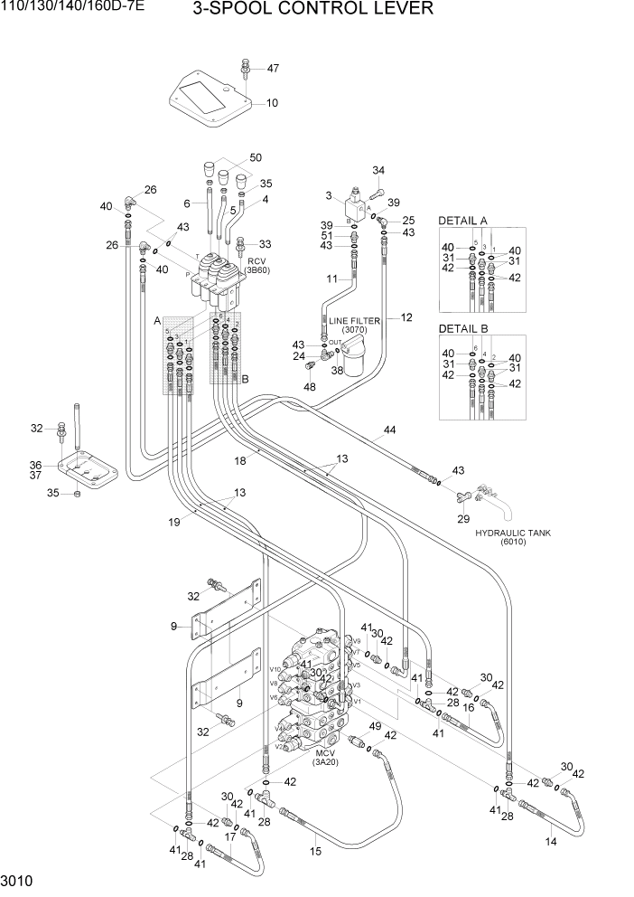 Схема запчастей Hyundai 110/130/140/160D-7E - PAGE 3010 3-SPOOL CONTROL LEVER ГИДРАВЛИЧЕСКАЯ СИСТЕМА