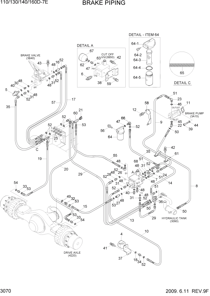 Схема запчастей Hyundai 110/130/140/160D-7E - PAGE 3070 BRAKE PIPING ГИДРАВЛИЧЕСКАЯ СИСТЕМА