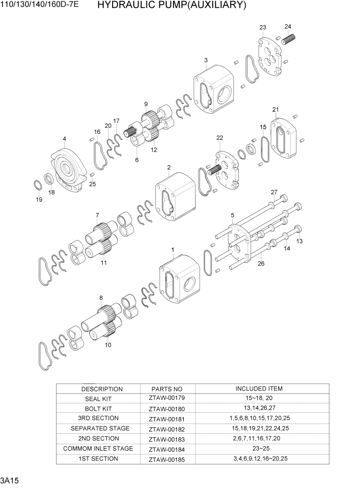 Схема запчастей Hyundai 110/130/140/160D-7E - PAGE 3A15 HYDRAULIC PUMP(AUXILIARY) ГИДРАВЛИЧЕСКАЯ СИСТЕМА