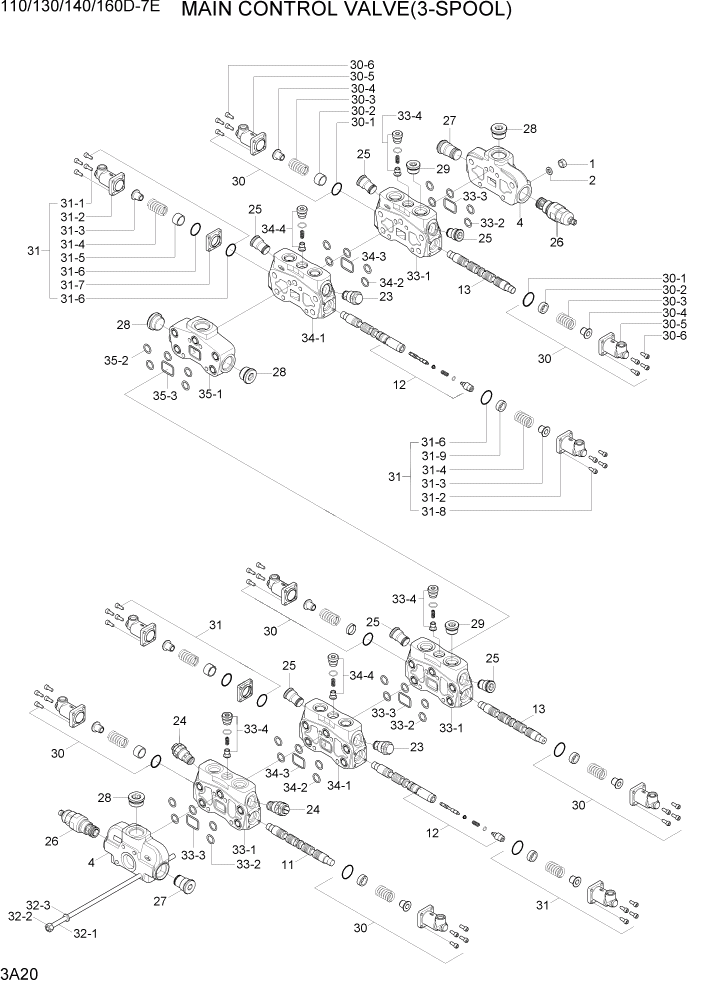 Схема запчастей Hyundai 110/130/140/160D-7E - PAGE 3A20 MAIN CONTROL VALVE(3-SPOOL) ГИДРАВЛИЧЕСКАЯ СИСТЕМА
