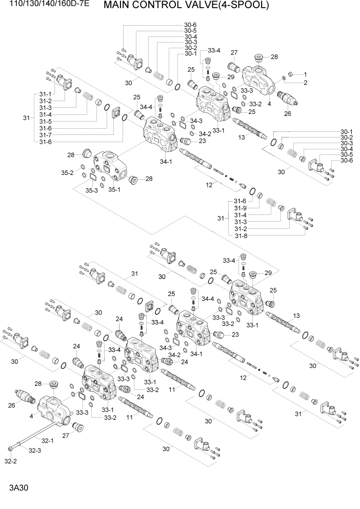 Схема запчастей Hyundai 110/130/140/160D-7E - PAGE 3A30 MAIN CONTROL VALVE(4-SPOOL) ГИДРАВЛИЧЕСКАЯ СИСТЕМА