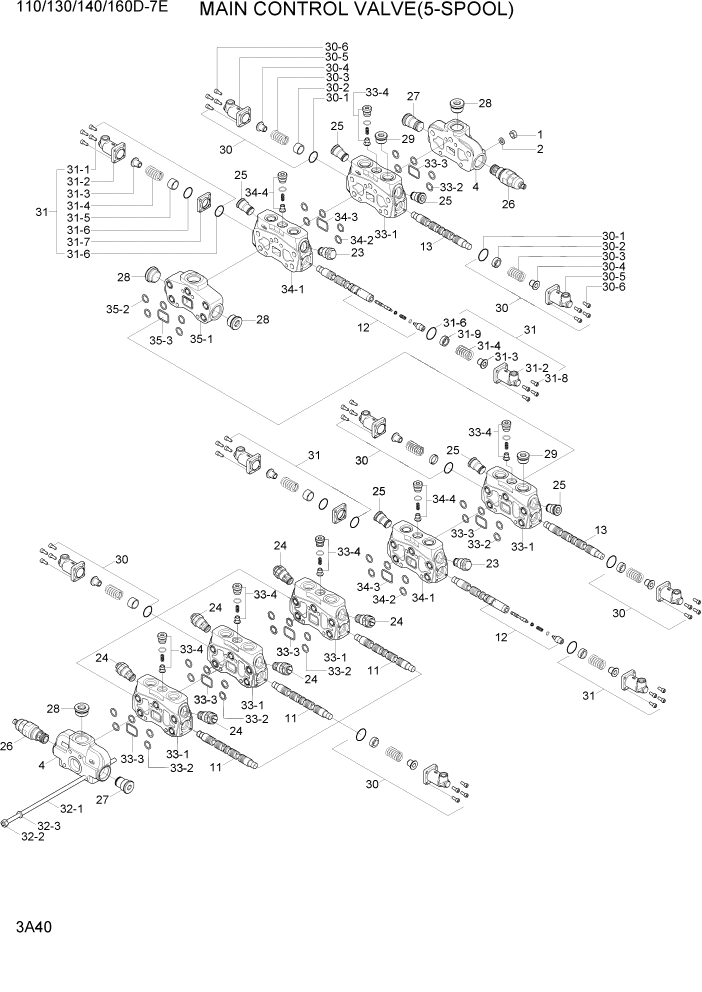 Схема запчастей Hyundai 110/130/140/160D-7E - PAGE 3A40 MAIN CONTROL VALVE(5-SPOOL) ГИДРАВЛИЧЕСКАЯ СИСТЕМА