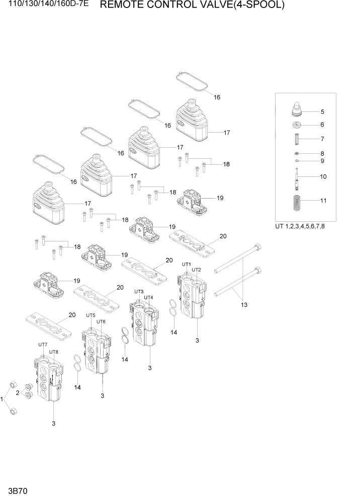 Схема запчастей Hyundai 110/130/140/160D-7E - PAGE 3B70 REMOTE CONTROL VALVE(4-SPOOL) ГИДРАВЛИЧЕСКАЯ СИСТЕМА