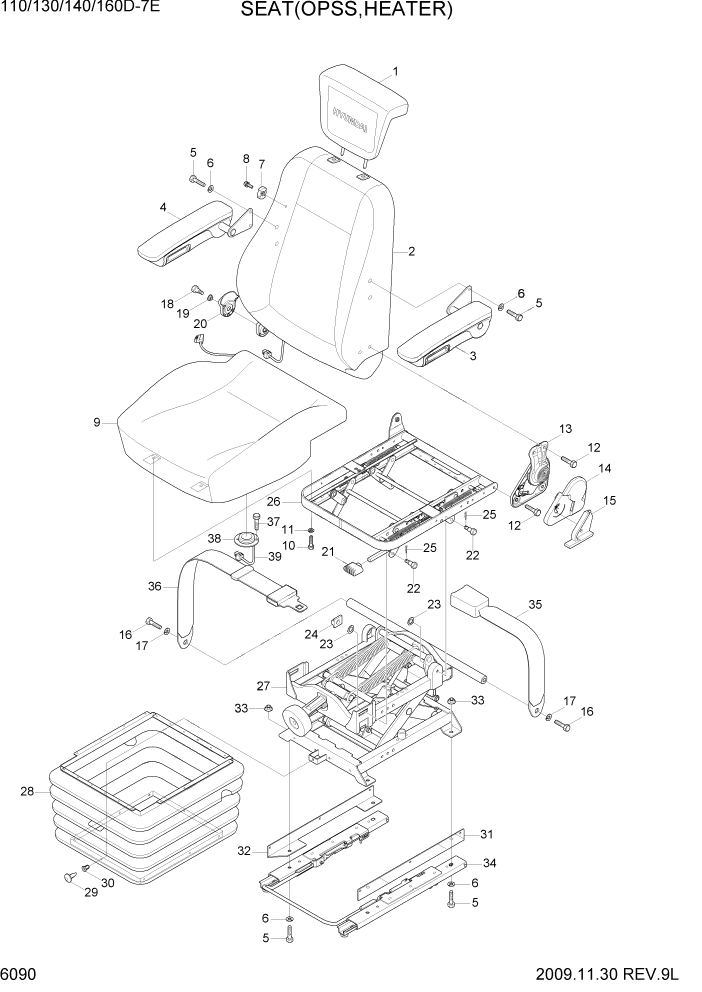 Схема запчастей Hyundai 110/130/140/160D-7E - PAGE 6090 SEAT(OPSS, HEATER) СТРУКТУРА