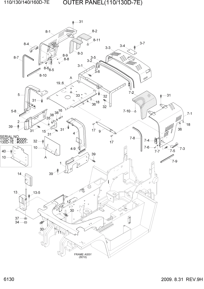 Схема запчастей Hyundai 110/130/140/160D-7E - PAGE 6130 OUTER PANEL(110/130D-7E) СТРУКТУРА