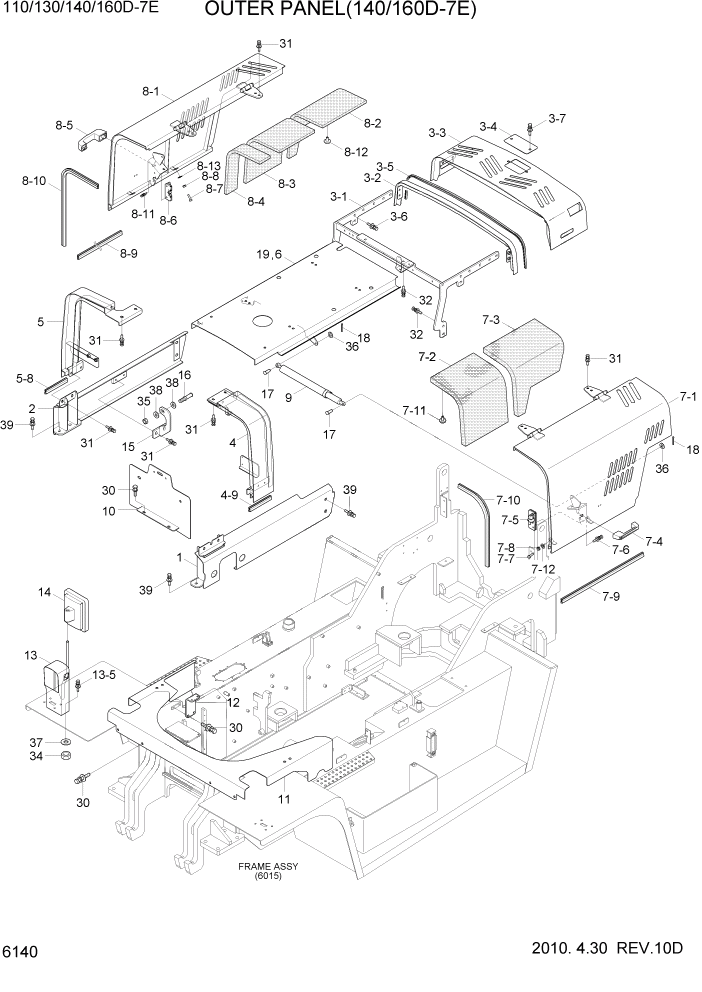 Схема запчастей Hyundai 110/130/140/160D-7E - PAGE 6140 OUTER PANEL(140/160D-7E) СТРУКТУРА