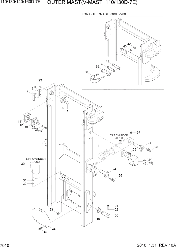 Схема запчастей Hyundai 110/130/140/160D-7E - PAGE 7010 OUTER MAST(V-MAST, 110/130D-7E) РАБОЧЕЕ ОБОРУДОВАНИЕ