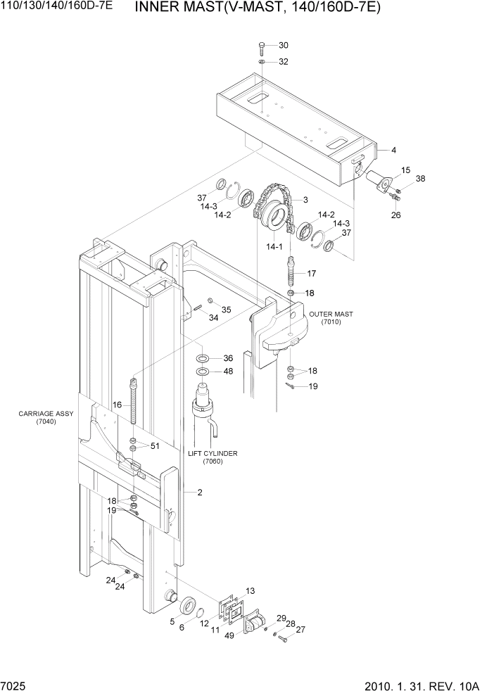 Схема запчастей Hyundai 110/130/140/160D-7E - PAGE 7025 INNER MAST(V-MAST, 140/160D-7E) РАБОЧЕЕ ОБОРУДОВАНИЕ