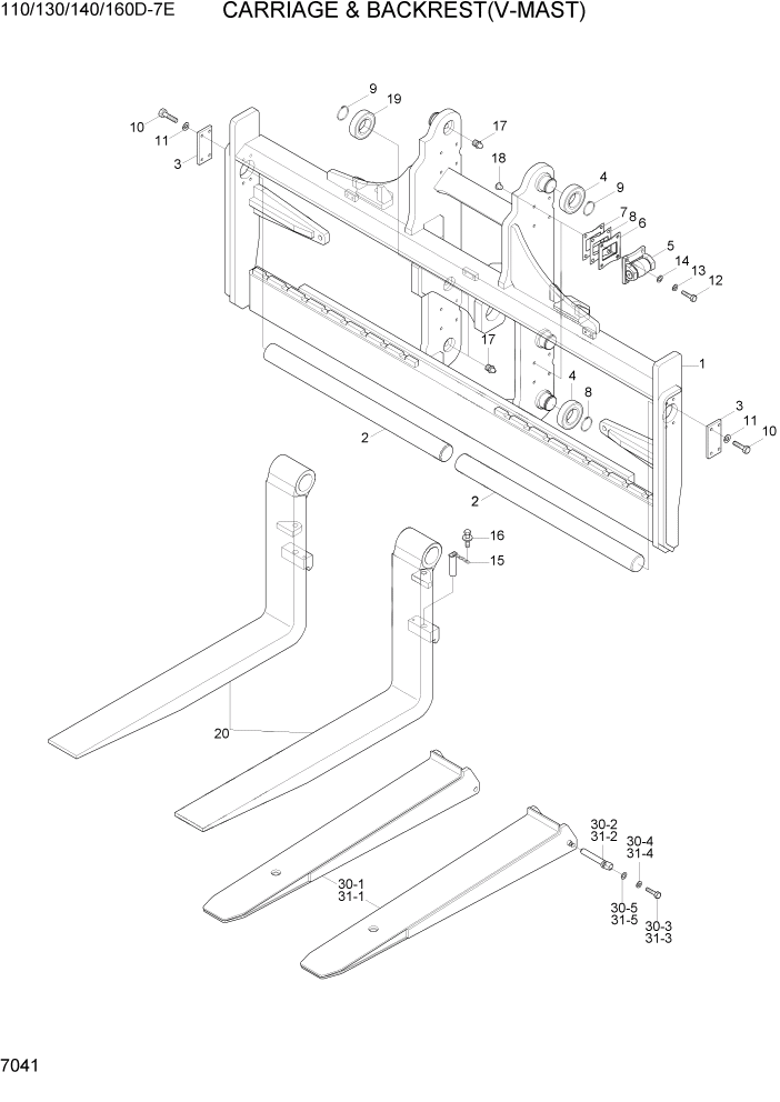 Схема запчастей Hyundai 110/130/140/160D-7E - PAGE 7041 CARRIAGE & BACKREST(V-MAST) РАБОЧЕЕ ОБОРУДОВАНИЕ