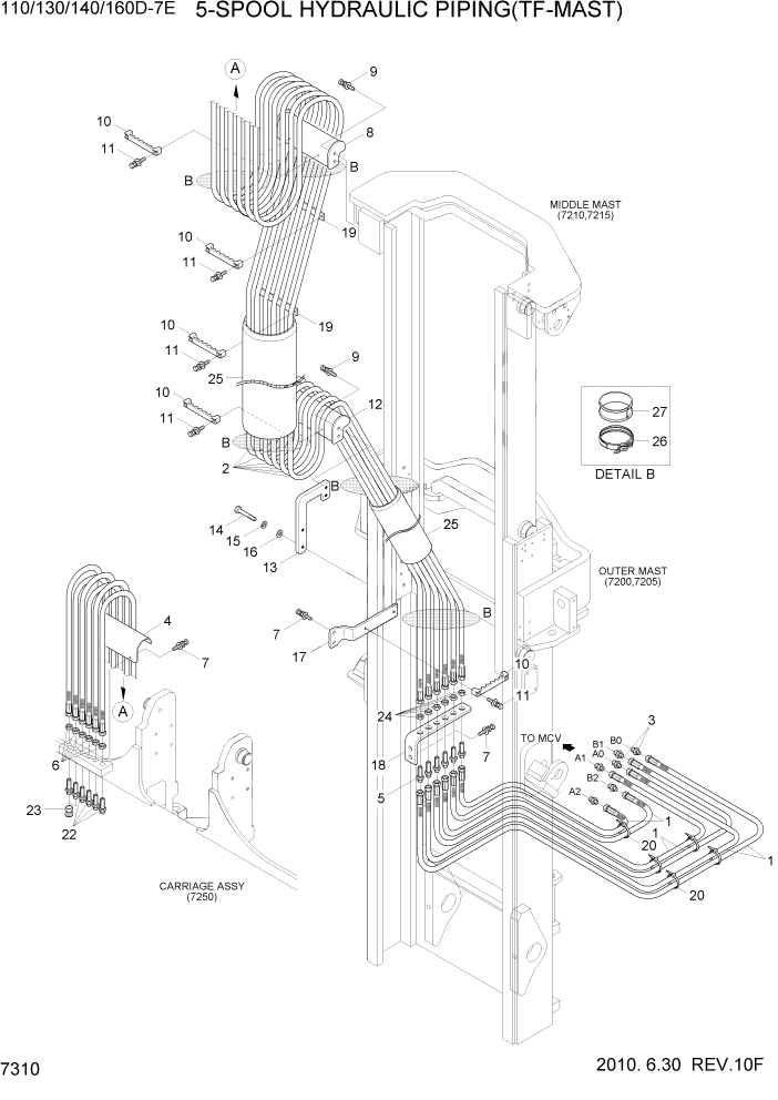 Схема запчастей Hyundai 110/130/140/160D-7E - PAGE 7310 5-SPOOL HYDRAULIC PIPING(TF-MAST) РАБОЧЕЕ ОБОРУДОВАНИЕ