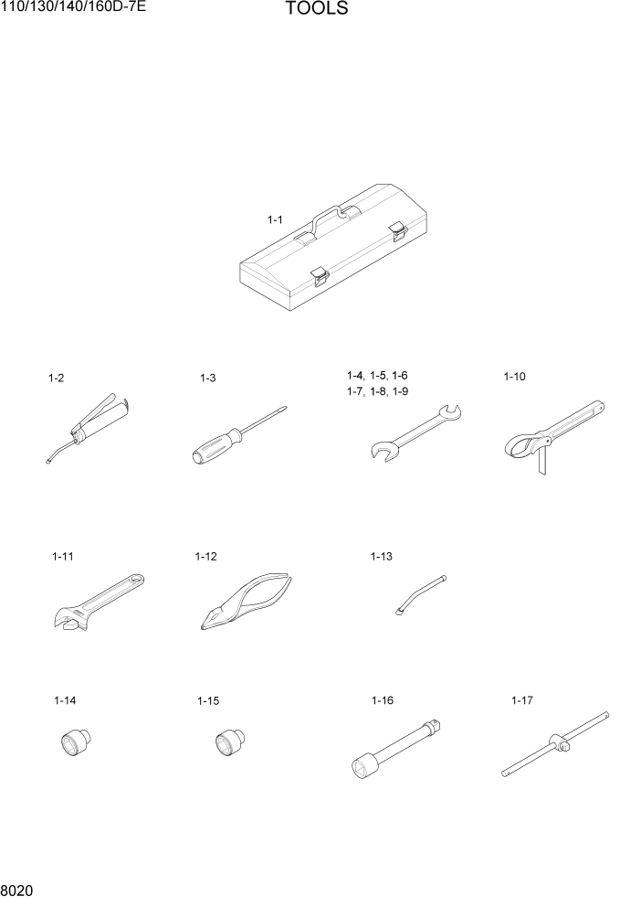 Схема запчастей Hyundai 110/130/140/160D-7E - PAGE 8020 TOOLS ДРУГИЕ ЧАСТИ