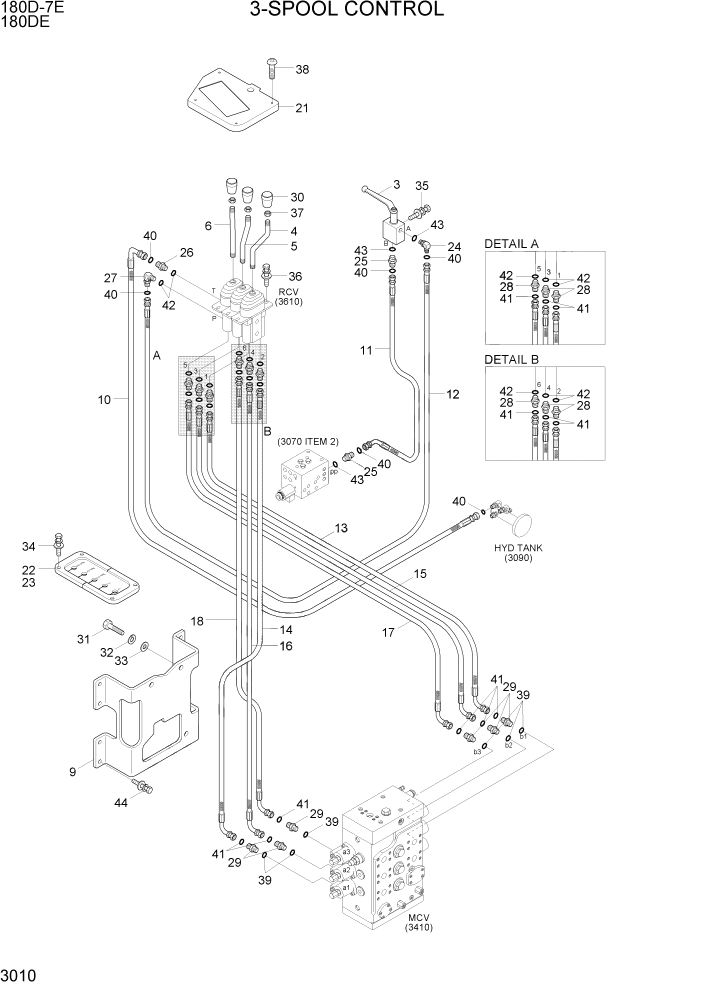 Схема запчастей Hyundai 180DE - PAGE 3010 3-SPOOL CONTROL ГИДРАВЛИЧЕСКАЯ СИСТЕМА