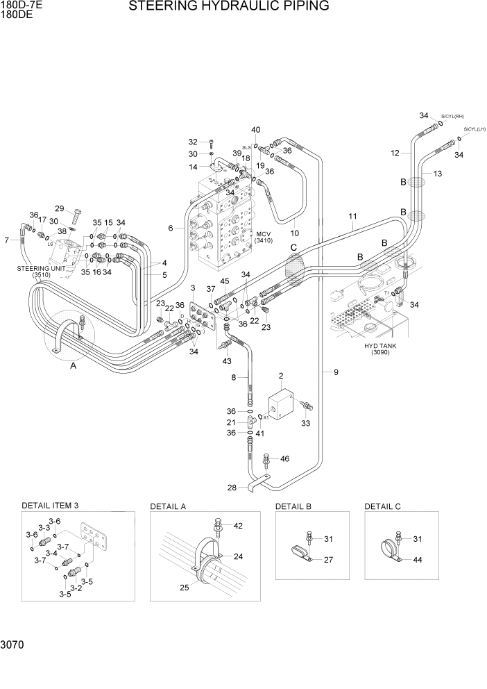 Схема запчастей Hyundai 180DE - PAGE 3070 STEERING HYDRAULIC PIPING ГИДРАВЛИЧЕСКАЯ СИСТЕМА