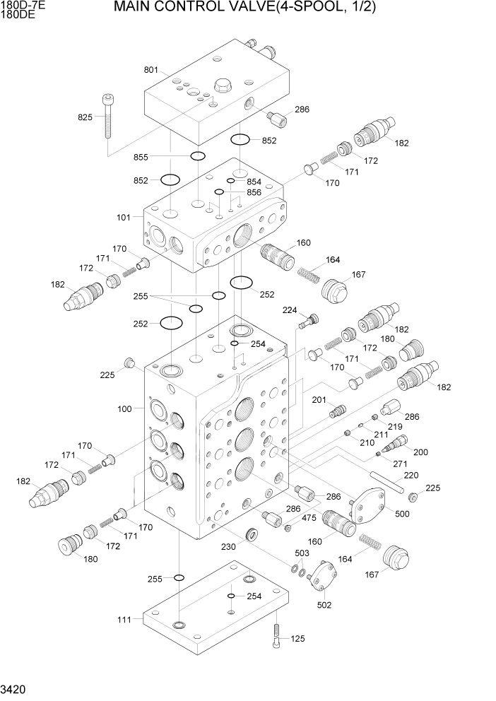 Схема запчастей Hyundai 180DE - PAGE 3420 MAIN CONTROL VALVE(4-SPOOL, 1/2) ГИДРАВЛИЧЕСКАЯ СИСТЕМА