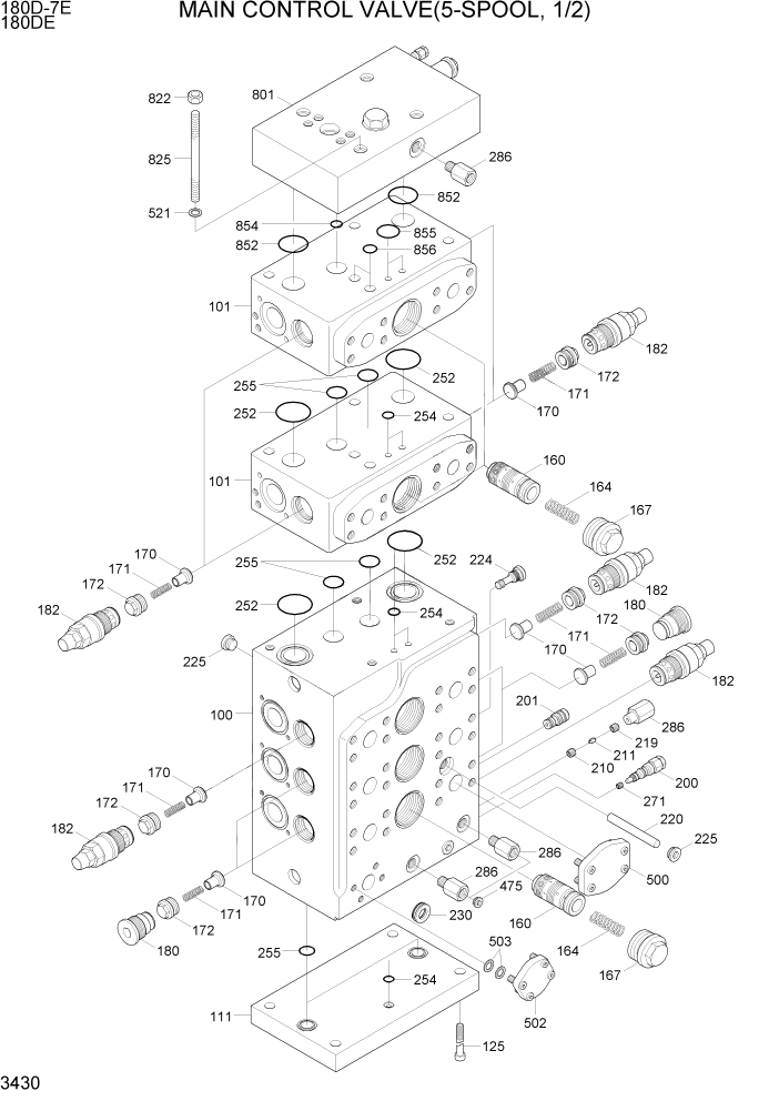 Схема запчастей Hyundai 180DE - PAGE 3430 MAIN CONTROL VALVE(5-SPOOL, 1/2) ГИДРАВЛИЧЕСКАЯ СИСТЕМА