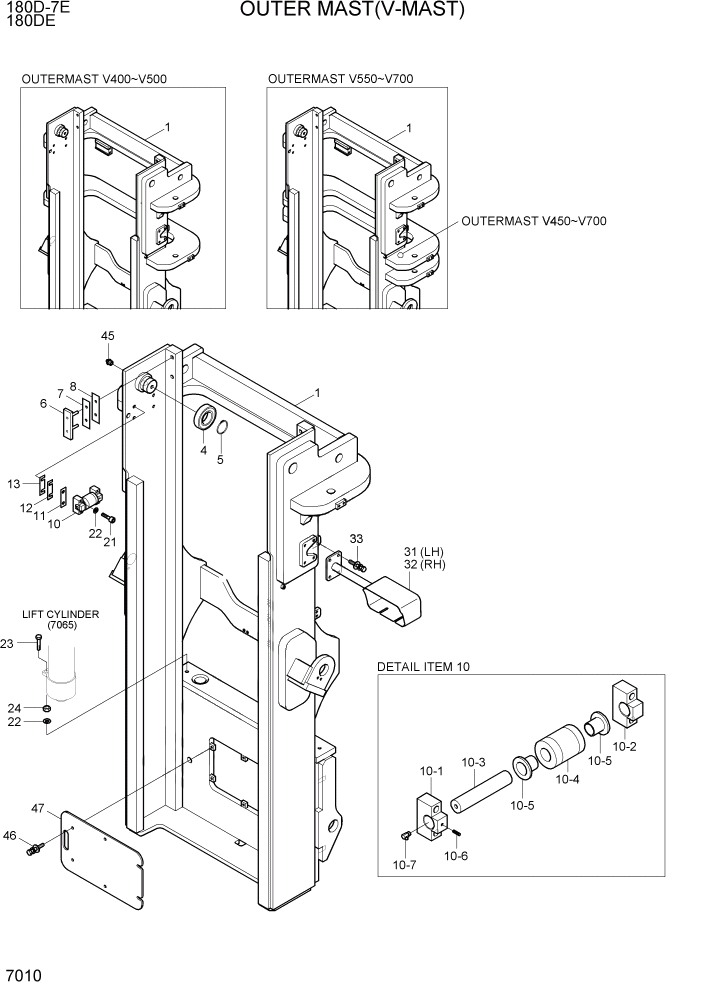 Схема запчастей Hyundai 180DE - PAGE 7010 OUTER MAST(V-MAST) РАБОЧЕЕ ОБОРУДОВАНИЕ