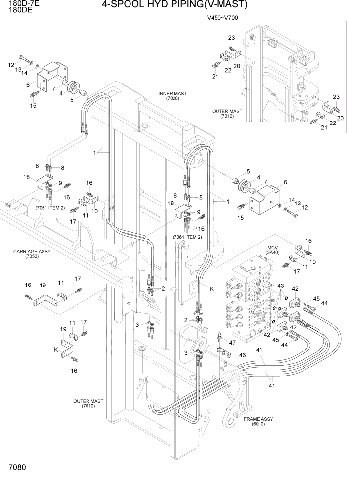 Схема запчастей Hyundai 180DE - PAGE 7080 4-SPOOL HYD PIPING(V-MAST) РАБОЧЕЕ ОБОРУДОВАНИЕ