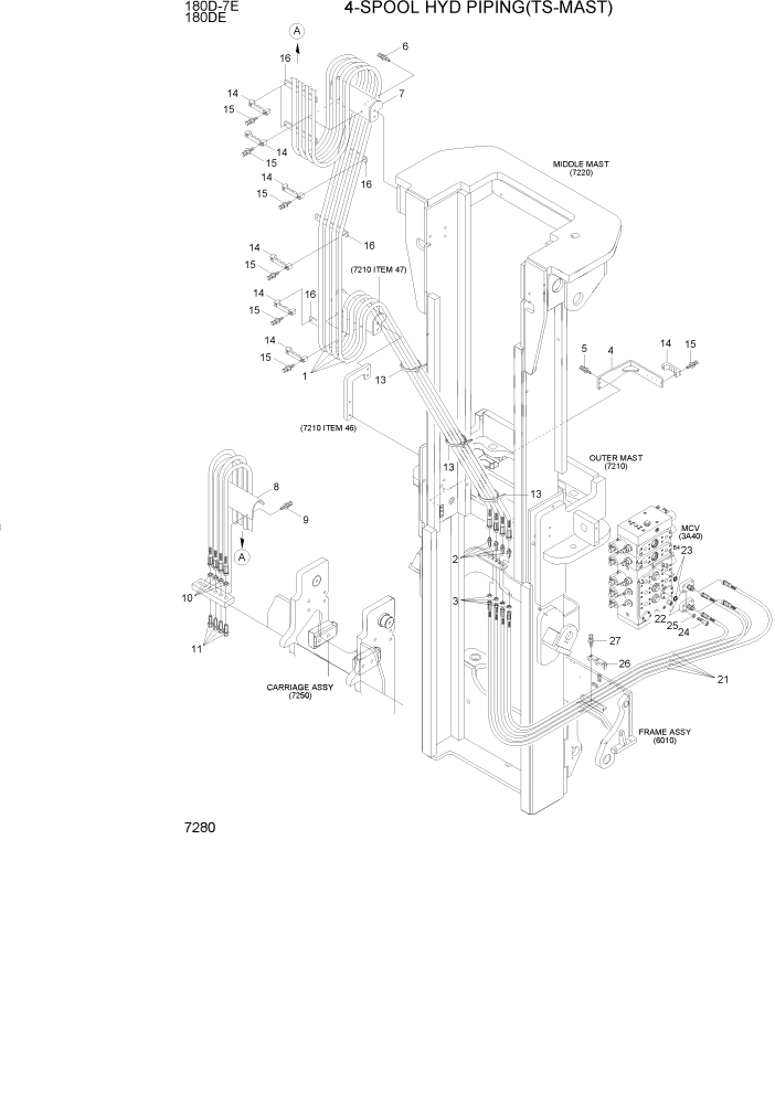 Схема запчастей Hyundai 180DE - PAGE 7280 4-SPOOL HYD PIPING(TS-MAST) РАБОЧЕЕ ОБОРУДОВАНИЕ