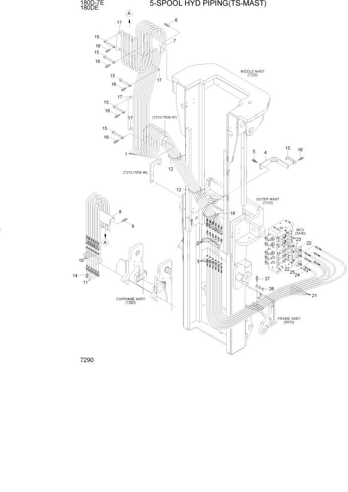 Схема запчастей Hyundai 180DE - PAGE 7290 5-SPOOL HYD PIPING(TS-MAST) РАБОЧЕЕ ОБОРУДОВАНИЕ