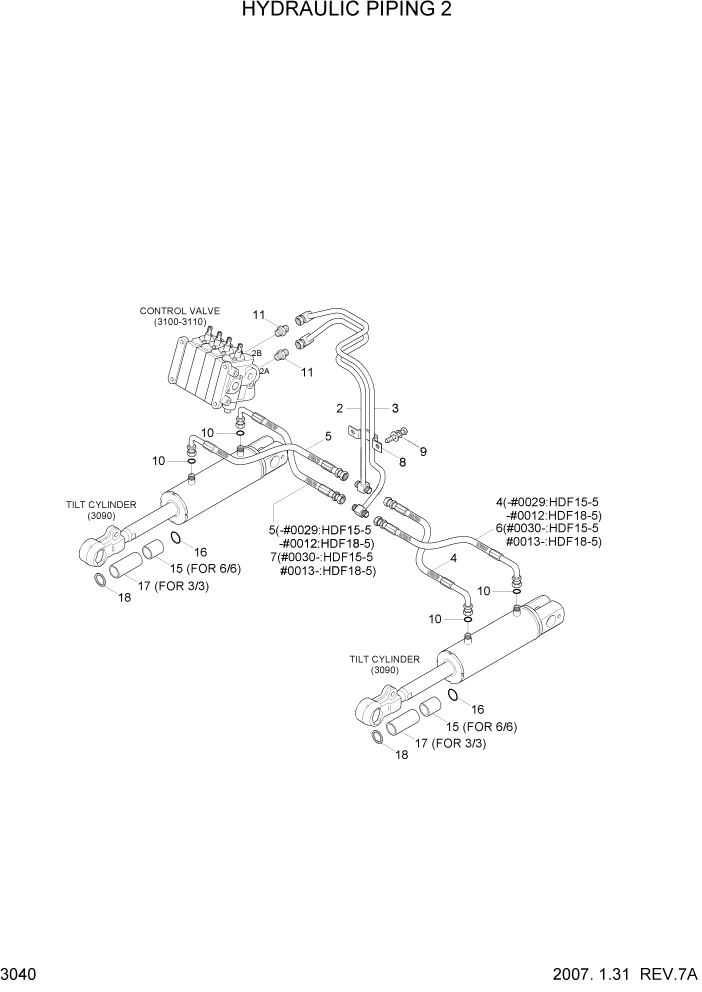 Схема запчастей Hyundai HDF15/HDF18-5 - PAGE 3040 HYDRAULIC PIPING 2 ГИДРАВЛИЧЕСКАЯ СИСТЕМА