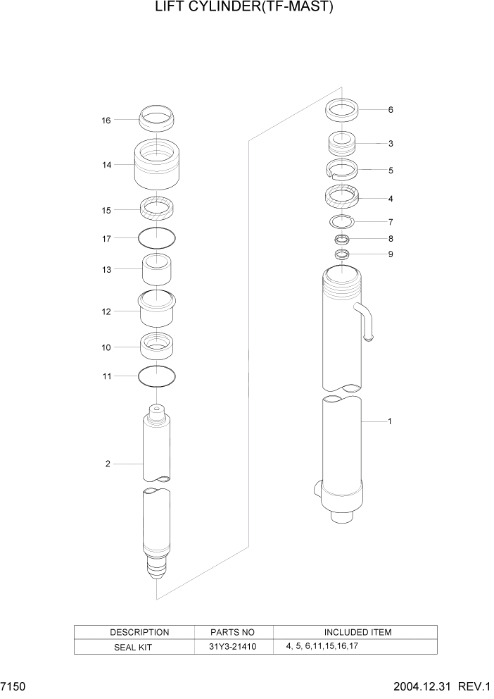 Схема запчастей Hyundai HDF15/HDF18-5 - PAGE 7150 LIFT CYLINDER(TF-MAST) РАБОЧЕЕ ОБОРУДОВАНИЕ