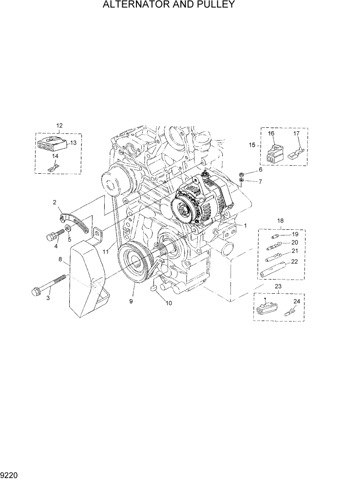 Схема запчастей Hyundai HDF15/HDF18-5 - PAGE 9220 ALTERNATOR AND PULLEY ДВИГАТЕЛЬ БАЗА