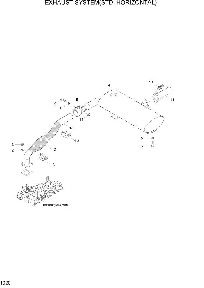 Схема запчастей Hyundai HDF20/HDF25/HDF30-5 - PAGE 1020 EXHAUST SYSTEM(STD, HORIZONTAL) СИСТЕМА ДВИГАТЕЛЯ