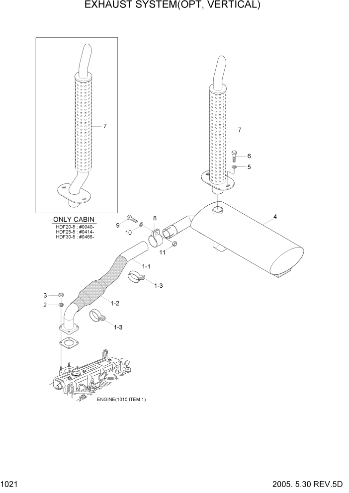 Схема запчастей Hyundai HDF20/HDF25/HDF30-5 - PAGE 1021 EXHAUST SYSTEM(OPT, VERTICAL) СИСТЕМА ДВИГАТЕЛЯ