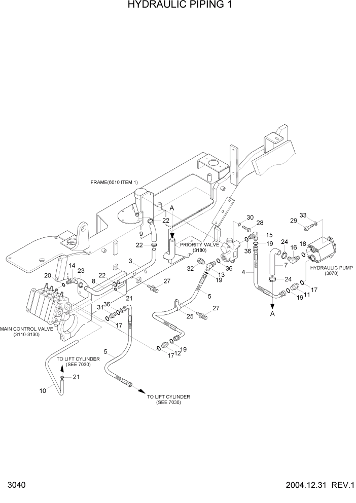 Схема запчастей Hyundai HDF20/HDF25/HDF30-5 - PAGE 3040 HYDRAULIC PIPING 1 ГИДРАВЛИЧЕСКАЯ СИСТЕМА