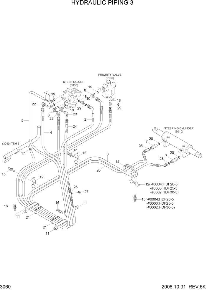 Схема запчастей Hyundai HDF20/HDF25/HDF30-5 - PAGE 3060 HYDRAULIC PIPING 3 ГИДРАВЛИЧЕСКАЯ СИСТЕМА